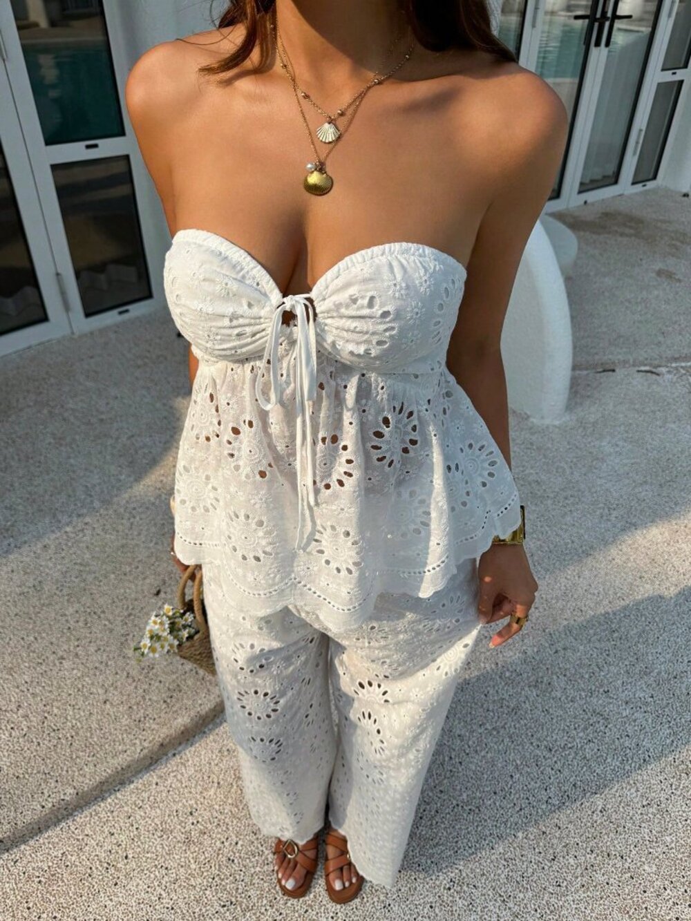 White Embroidered Boho Women's Bandeau Top & Wide Leg Pants Set - Picture 5 of 6